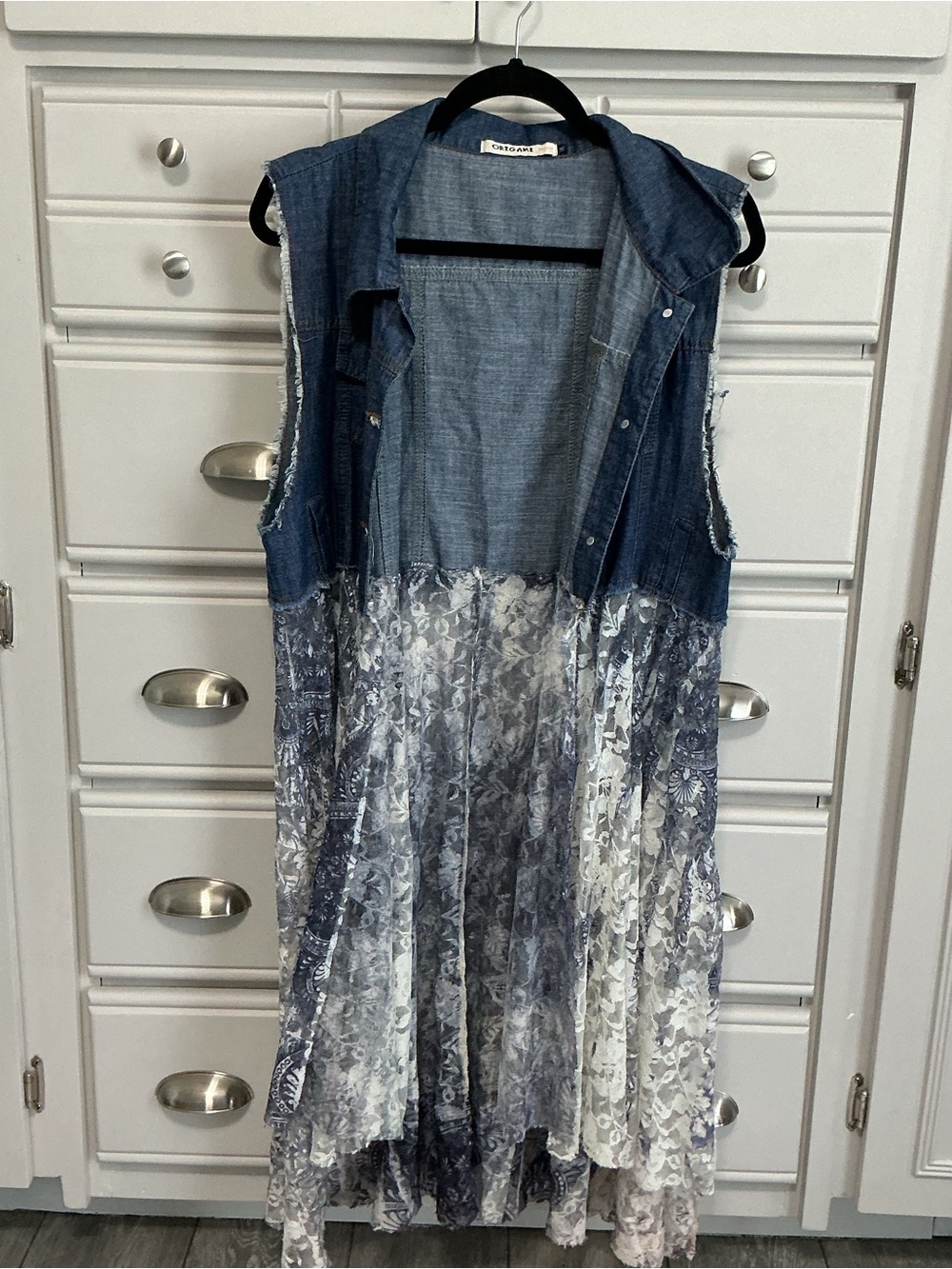 ORIGAMI by Vivian Denim and Lace Button Up Tunic Vest Duster Boho Chic L/XL - Picture 2 of 12
